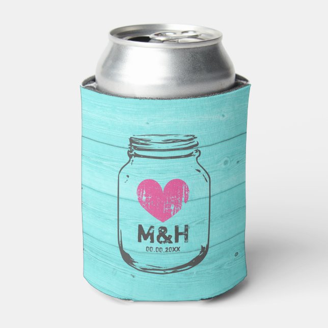 Custom turquoise wood mason jar wedding can cooler (Can Front)