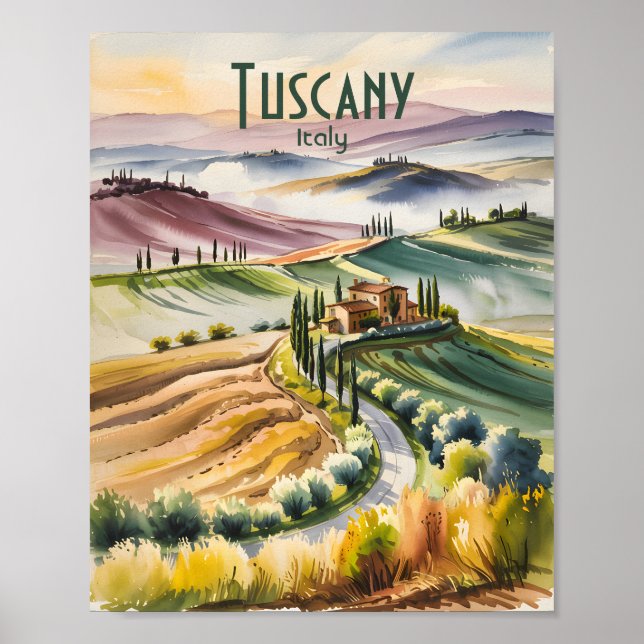 Custom Tuscany Watercolor Rolling Hills Landscape Poster (Front)