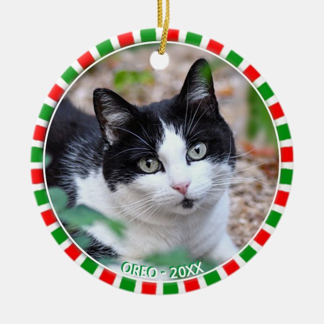 Custom tuxedo cat photo and green red frame ceramic tree decoration (Front)