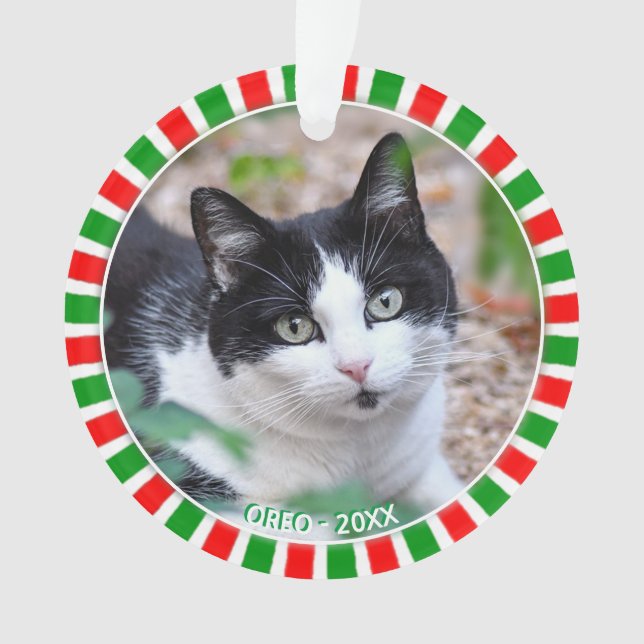 Custom tuxedo cat photo and green red frame ornament (Front)