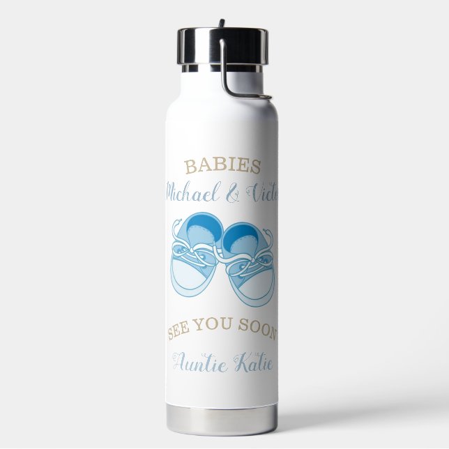 Custom Twin Boys Baby Shoes Name Water Bottle (Left)
