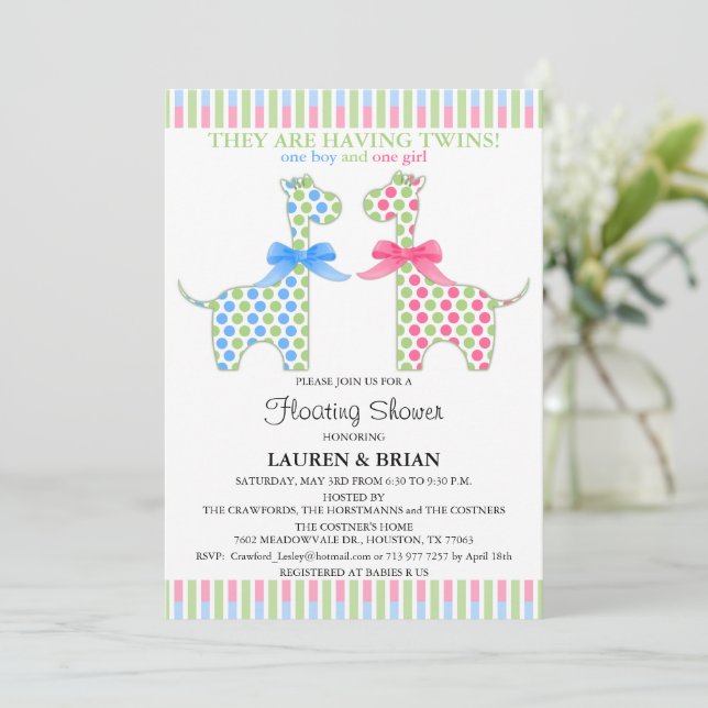 Custom Twin Giraffe Floating Baby Shower Invitation (Standing Front)