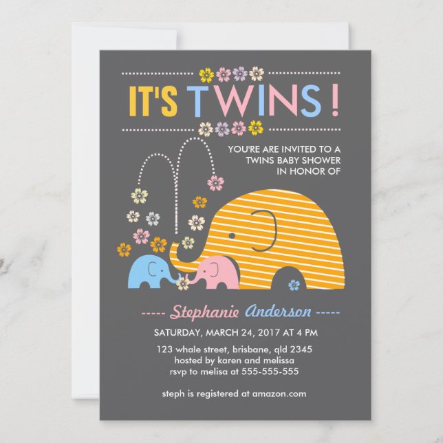 Custom twins baby elephant and flower shower invitation (Front)