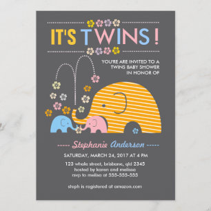 Custom twins baby elephant and flower shower invitation