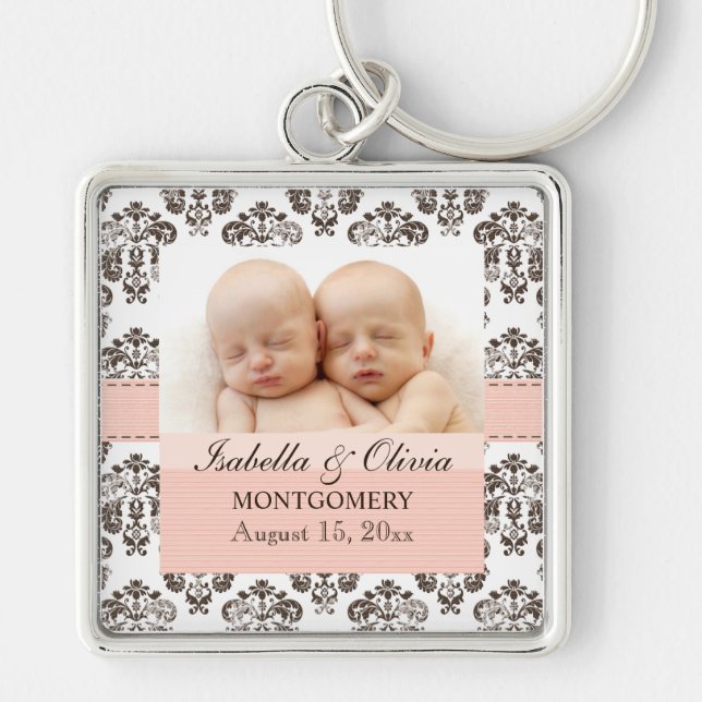 Custom Twins Damask Photo Keychain Pink and Brown (Front)