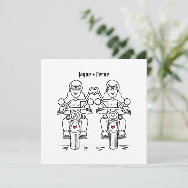 Custom Two Brides Biker Motorcycle Evening Wedding Invitation (Standing Front)