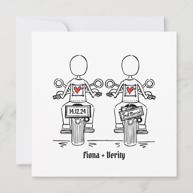 Custom Two Brides Biker Motorcycle Evening Wedding Invitation (Front)