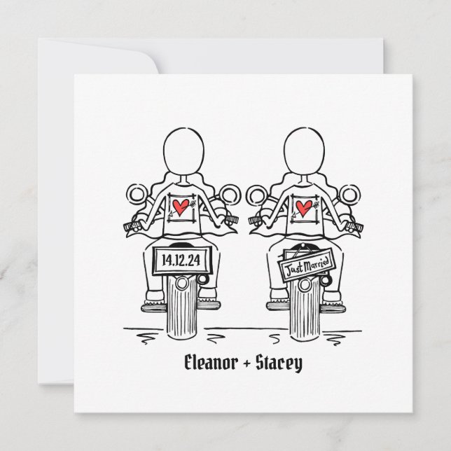Custom Two Brides Biker Motorcycle Evening Wedding Invitation (Front)
