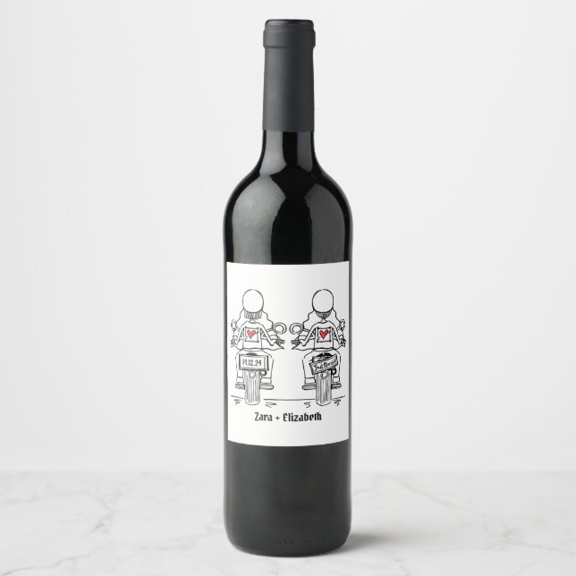 Custom Two Brides Biker Motorcycle Evening Wedding Wine Label (Front)