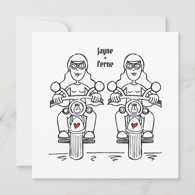 Custom Two Brides Biker Motorcycle Lesbian Wedding Invitation (Front)