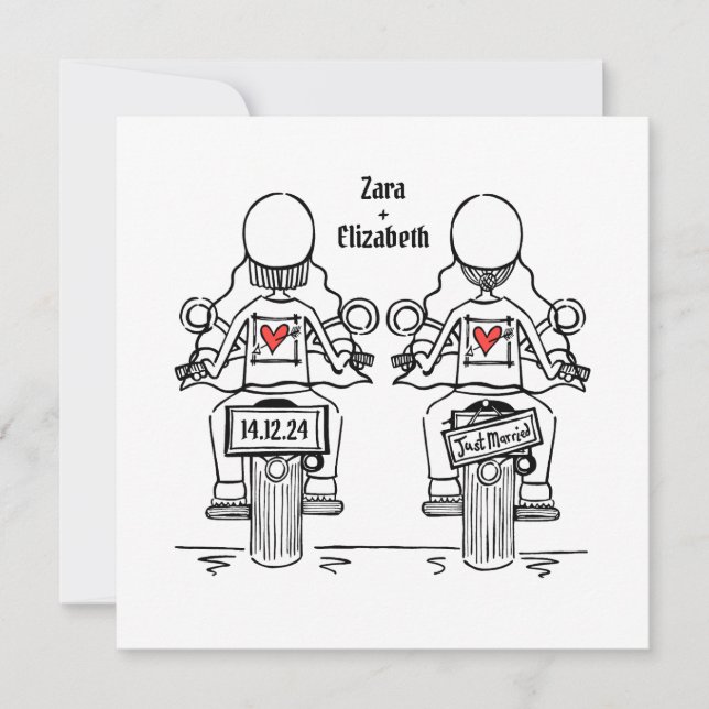 Custom Two Brides Biker Motorcycle Lesbian Wedding Invitation (Front)