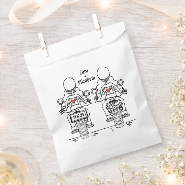 Custom Two Brides Biker Motorcycle Wedding Favour Bags (Clipped)