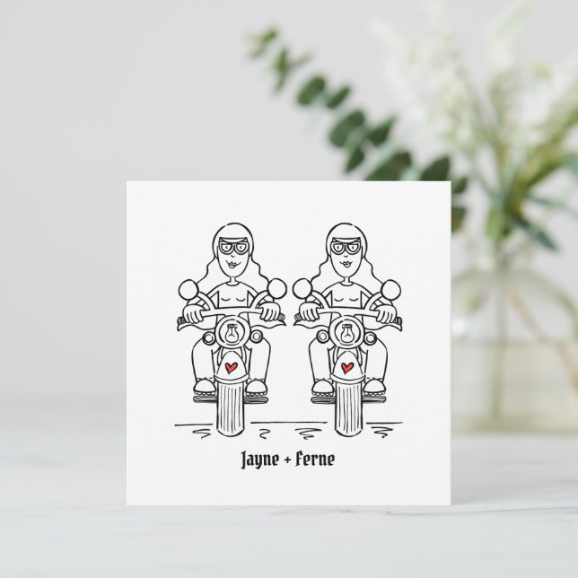 Custom Two Brides Biker Motorcycle Wedding Invitation (Standing Front)