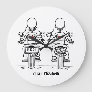 Custom Two Brides Biker Motorcycle Wedding Large Clock