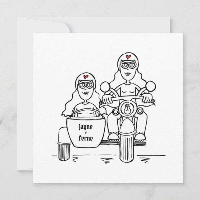 Custom Two Brides Motorbike and Sidecar Wedding Invitation (Front)