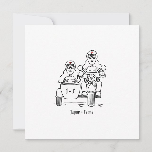 Custom Two Brides Motorbike and Sidecar Wedding Invitation (Front)