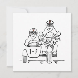 Custom Two Brides Motorbike and Sidecar Wedding Invitation