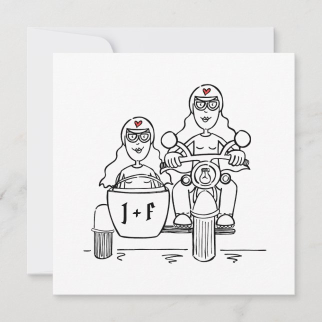 Custom Two Brides Motorbike and Sidecar Wedding Invitation (Front)
