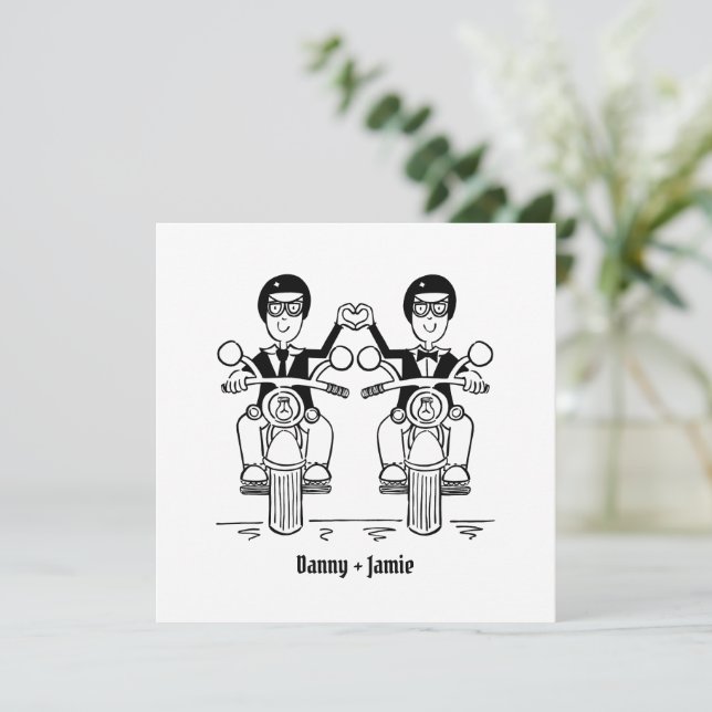 Custom Two Grooms Biker Motorcycle Evening Wedding Invitation (Standing Front)