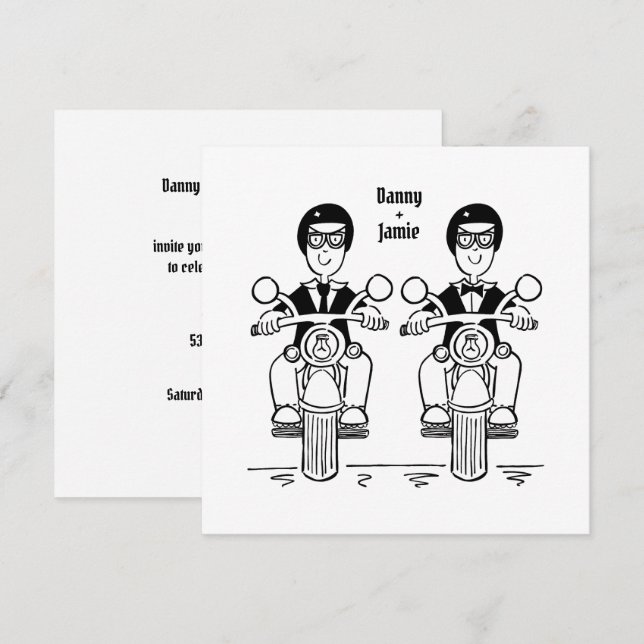 Custom Two Grooms Biker Motorcycle Evening Wedding Invitation (Front/Back)