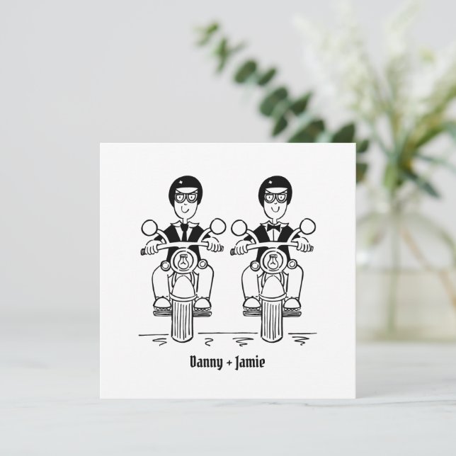 Custom Two Grooms Biker Motorcycle Evening Wedding Invitation (Standing Front)
