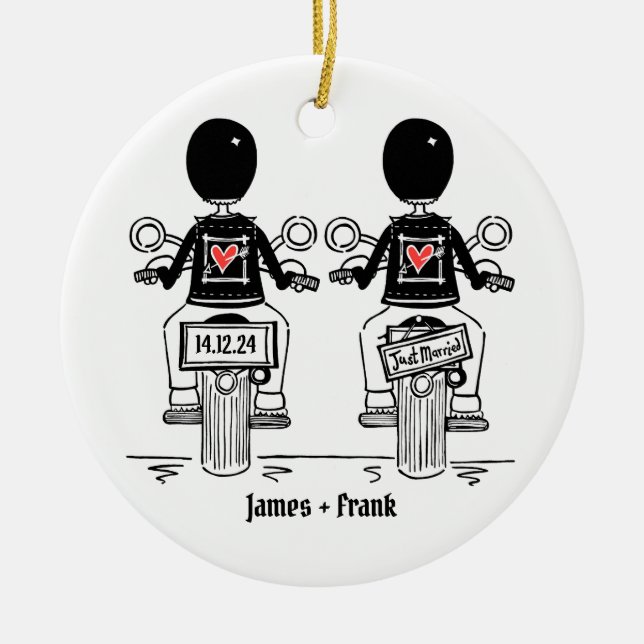 Custom Two Grooms Biker Motorcycle Wedding Ceramic Tree Decoration (Front)