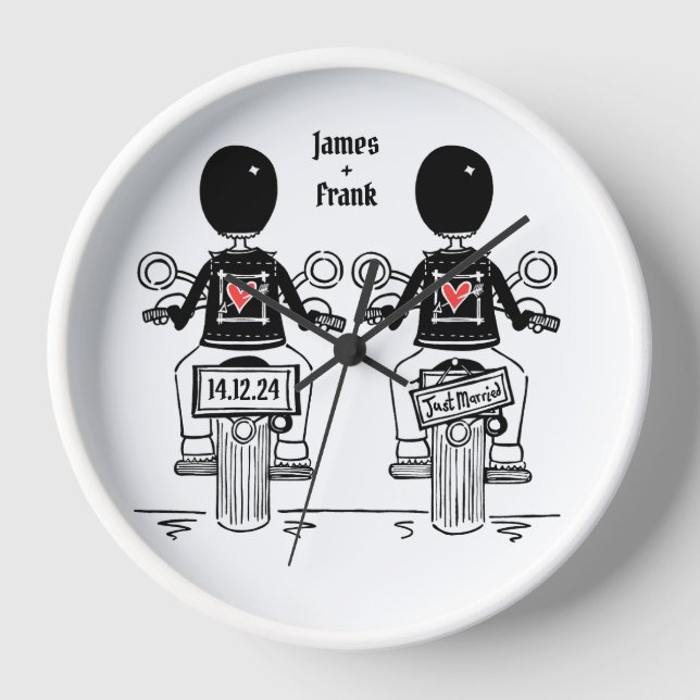 Custom Two Grooms Biker Motorcycle Wedding Clock (Front)