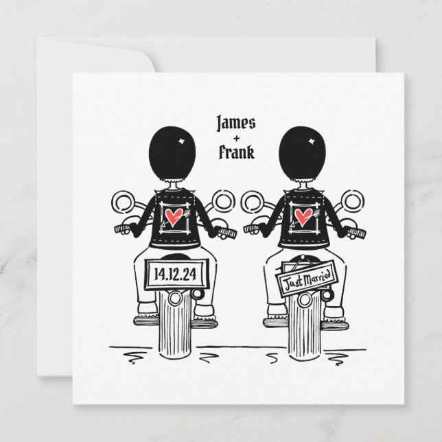 Custom Two Grooms Biker Motorcycle Wedding Evening Invitation (Front)