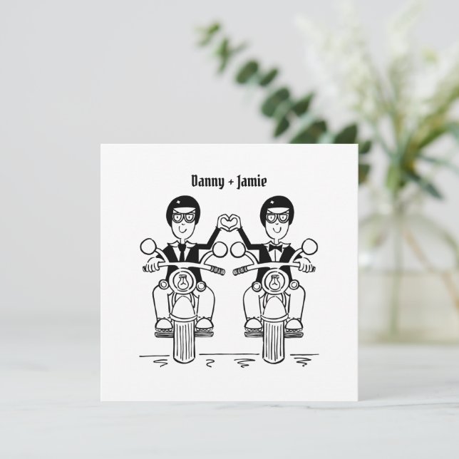 Custom Two Grooms Biker Motorcycle Wedding Invitation (Standing Front)