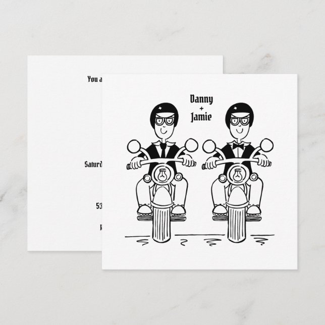 Custom Two Grooms Biker Motorcycle Wedding Invitation (Front/Back)