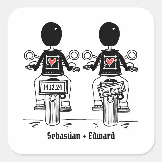 Custom Two Grooms Biker Motorcycle Wedding Square Sticker (Front)