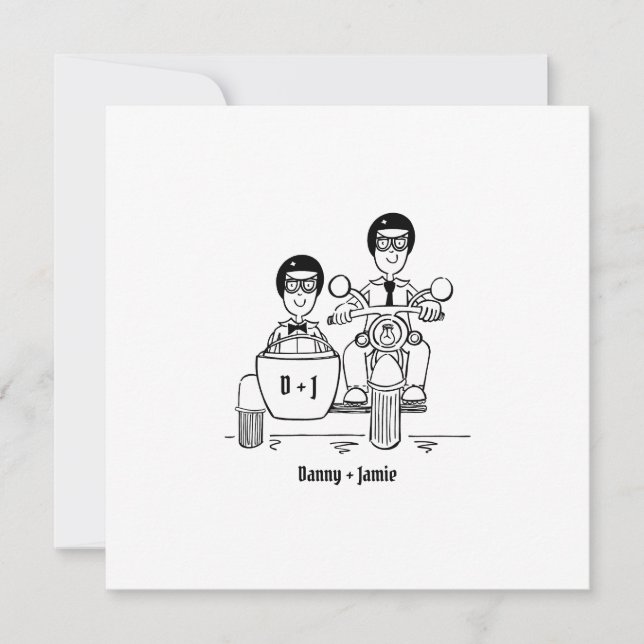 Custom Two Grooms Motorbike and Sidecar Wedding Invitation (Front)