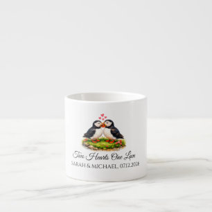Custom Two Hearts One Love Puffins Wedding Espresso Cup