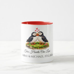 Custom Two Hearts One Love Puffins Wedding Mug