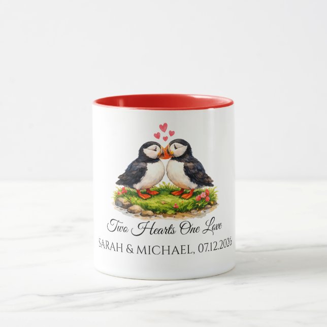 Custom Two Hearts One Love Puffins Wedding  Mug (Center)