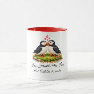 Custom Two Hearts One Love Puffins Wedding  Mug
