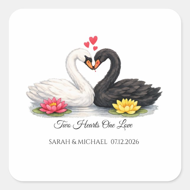 Custom Two Hearts One Love Swans Square Invitation Sticker (Front)