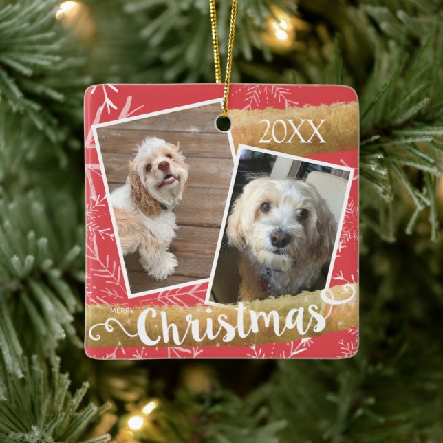 Custom Two Photo Christmas Ceramic Ornament (Tree)