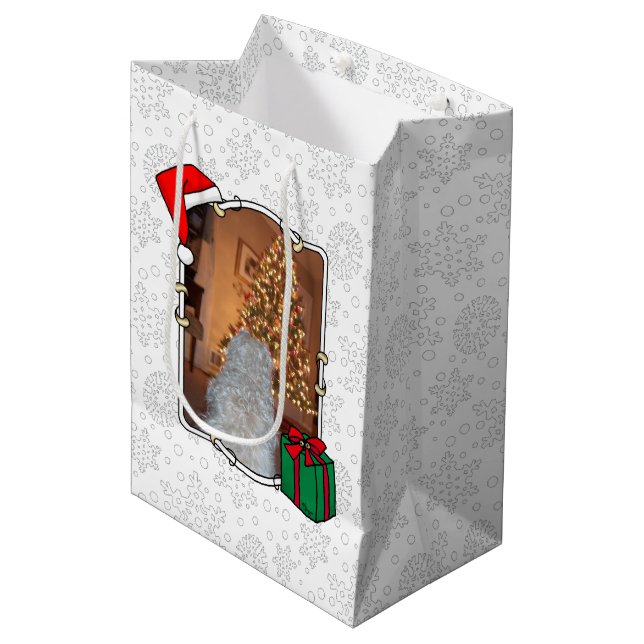 Custom Two Photo Christmas Santa Hat Pet HO HO HO Medium Gift Bag (Front Angled)