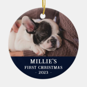 Custom Two Sided Blue First Christmas Puppy Photo Ceramic Tree Decoration