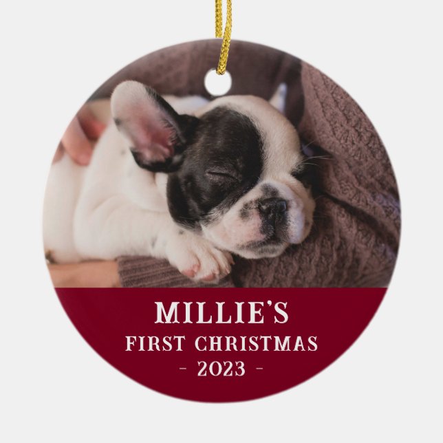 Custom Two Sided Blue First Christmas Puppy Photo Ceramic Tree Decoration (Front)