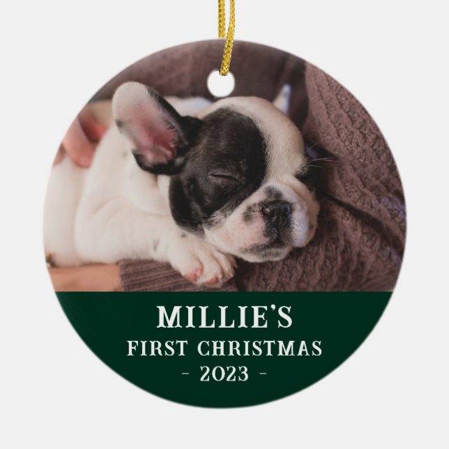 Custom Two Sided Green First Christmas Puppy Photo Ceramic Tree Decoration (Front)