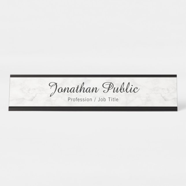 Custom Typography Modern Elegant White Marble Desk Name Plate (Front)