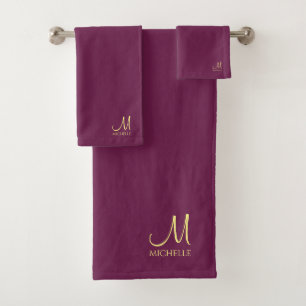 Custom Typography Monogram Name Bordeaux & Gold Bath Towel Set