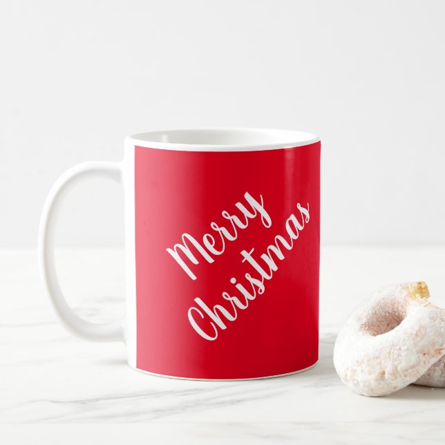 Custom Typography Red White Merry Christmas Coffee Mug (With Donut)