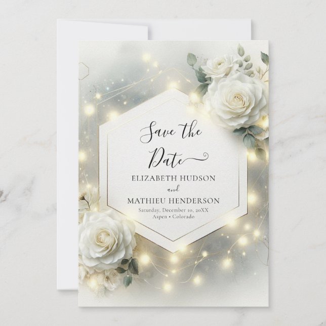 Custom Typography White Roses Wedding Save The Date (Front)