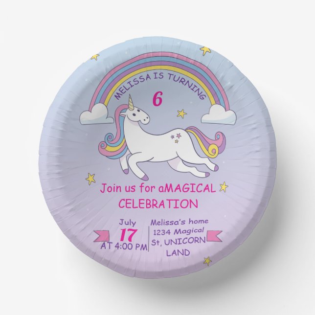 Custom Unicorn Birthday Cake Plate–7" Personalised Paper Plate (Front)