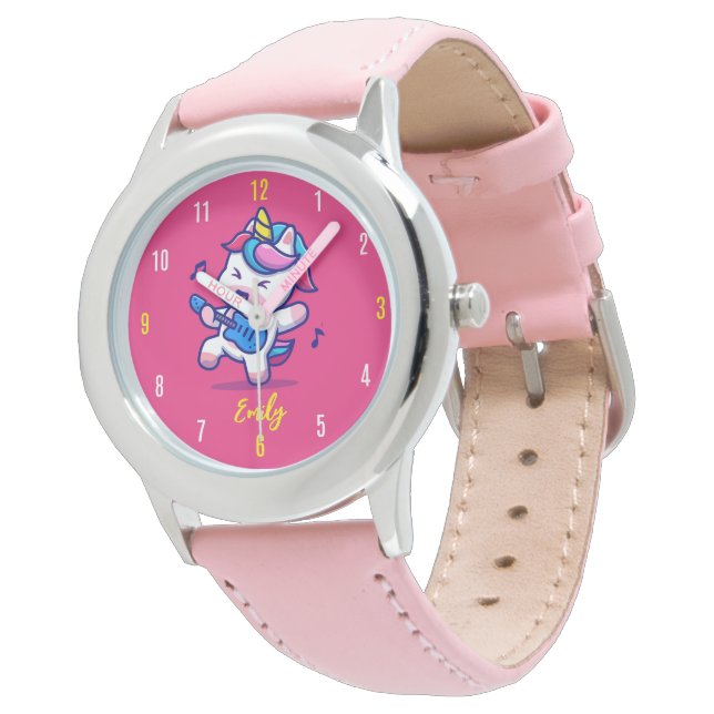 Custom Unicorn Girls Name Pink Strap Kids Watch (Angled)