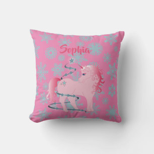 Custom Unicorn Pink Cute Christmas Snowflake Cushion
