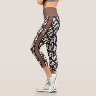 Custom Unique Brown Black White Java Ethnic Batik  Capri Leggings